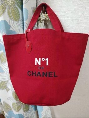 CHANEL Red Canvas Tote with N°1 Logo